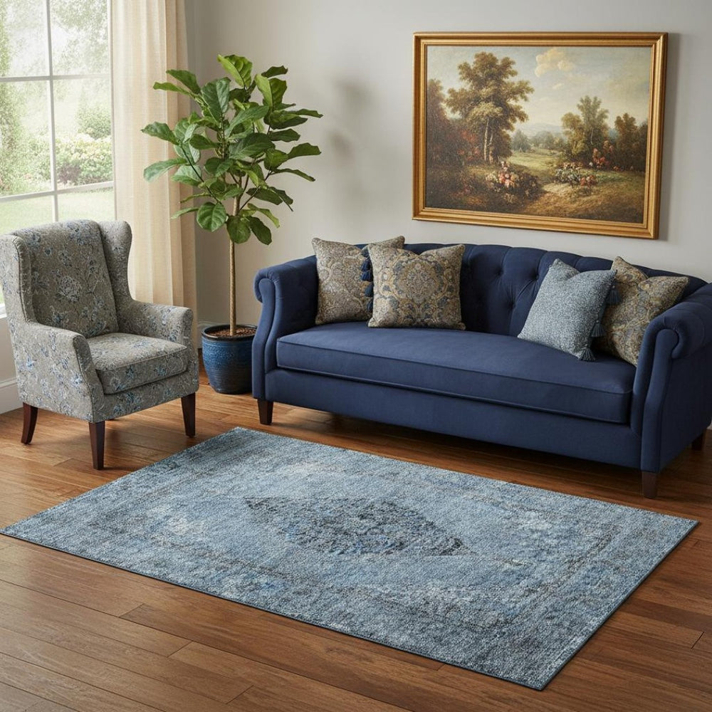 HomeRoots 8' Denim Blue & Gray Medallion Washable Round Rug – Durable, UV-Protected, Stain-Resistant Design! 714832