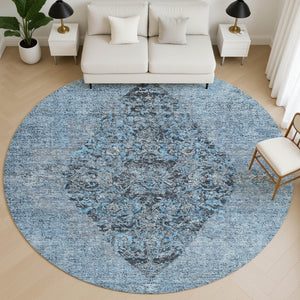HomeRoots 8' X 10' Stylish Denim Blue and Gray Medallion Area Rug – Washable, UV Protected, Perfect for Homes! 714833