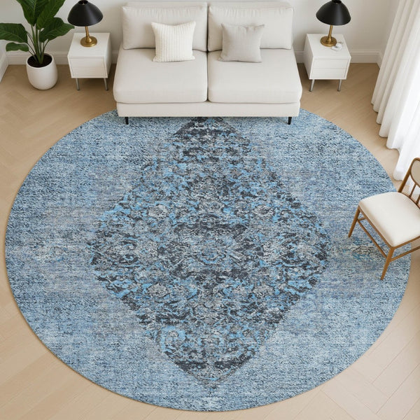 HomeRoots 8' X 10' Stylish Denim Blue and Gray Medallion Area Rug – Washable, UV Protected, Perfect for Homes! 714833