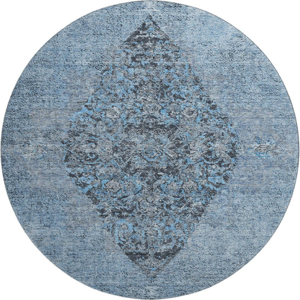 HomeRoots 8' X 10' Stylish Denim Blue and Gray Medallion Area Rug – Washable, UV Protected, Perfect for Homes! 714833