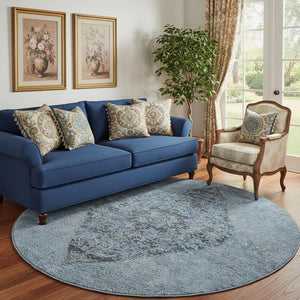 HomeRoots 8' X 10' Stylish Denim Blue and Gray Medallion Area Rug – Washable, UV Protected, Perfect for Homes! 714833
