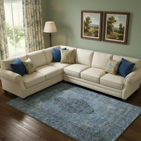 HomeRoots 9' X 12' Denim Blue and Gray Medallion Area Rug - Washable, Stain Resistant, UV Protected, Durable! 714834