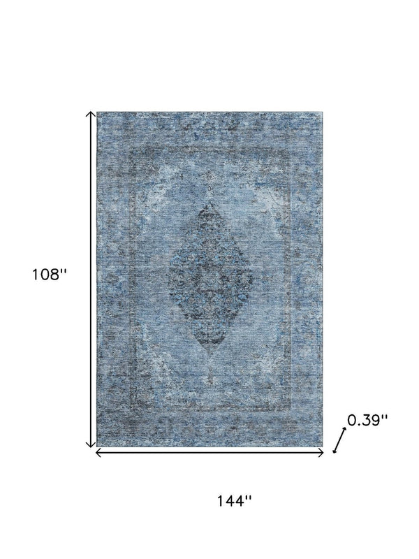 HomeRoots 10' Denim Blue & Gray Medallion Area Rug - Washable, UV Protected, Durable for Family Homes & Pets 714835