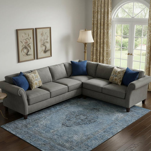 HomeRoots 10' Denim Blue & Gray Medallion Area Rug - Washable, UV Protected, Durable for Family Homes & Pets 714835