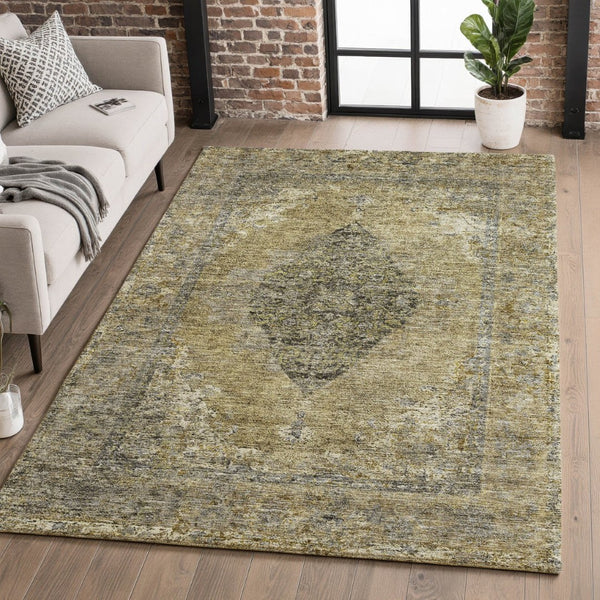 HomeRoots 5' Khaki & Beige Medallion Area Rug - Washable, Stain-Resistant, UV-Protected for Durability & Style! 714837