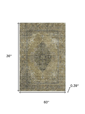 HomeRoots 5' Khaki & Beige Medallion Area Rug - Washable, Stain-Resistant, UV-Protected for Durability & Style! 714837