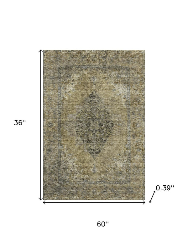 HomeRoots 5' Khaki & Beige Medallion Area Rug - Washable, Stain-Resistant, UV-Protected for Durability & Style! 714837