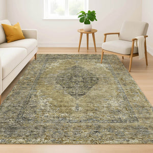 HomeRoots 5' Khaki & Beige Medallion Area Rug - Washable, Stain-Resistant, UV-Protected for Durability & Style! 714837