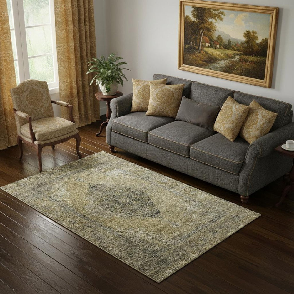 HomeRoots 8' Khaki Medallion Washable Round Rug – UV Protected, Stain Resistant, Ideal for Busy Homes & Pets 714838