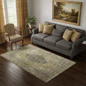 HomeRoots 8' Khaki Medallion Washable Round Rug – UV Protected, Stain Resistant, Ideal for Busy Homes & Pets 714838