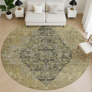 HomeRoots 8' X 10' Washable Medallion Area Rug in Khaki & Beige - UV Protection, Stain Resistant, Durable Design 714839
