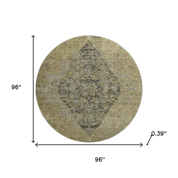 HomeRoots 8' X 10' Washable Medallion Area Rug in Khaki & Beige - UV Protection, Stain Resistant, Durable Design 714839
