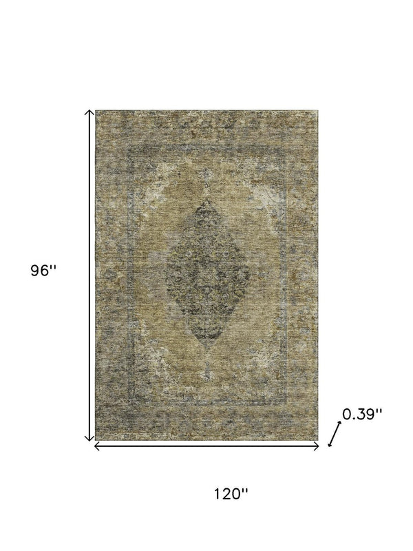 HomeRoots 9' X 12' Khaki & Beige Medallion Area Rug - Washable, Stain Resistant, UV Protected for Daily Use 714840