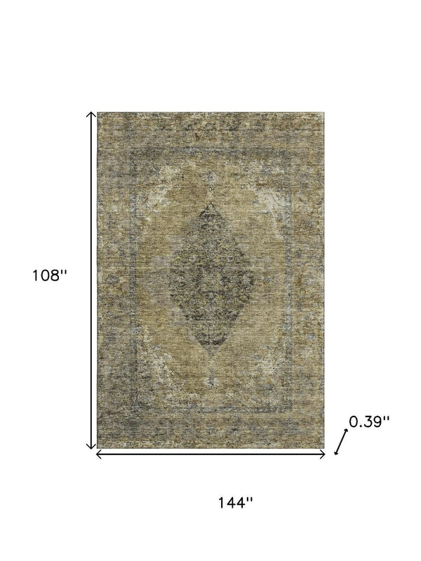 HomeRoots 10' Khaki & Beige Medallion Washable Area Rug - UV Protection, Stain Resistant, Pet-Friendly Design 714841