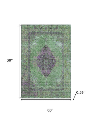 HomeRoots 5' Vibrant Lime Green and Purple Medallion Area Rug - Washable, UV-Protected, Stain Resistant 5' x 8' 714843