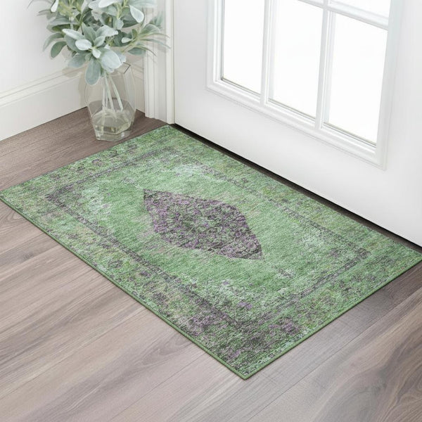 HomeRoots 5' Vibrant Lime Green and Purple Medallion Area Rug - Washable, UV-Protected, Stain Resistant 5' x 8' 714843