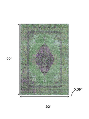 HomeRoots 8' Vibrant Lime Green & Purple Medallion Rug - Washable, UV-Protected, Stain-Resistant Design! 714844