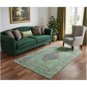 HomeRoots 8' Vibrant Lime Green & Purple Medallion Rug - Washable, UV-Protected, Stain-Resistant Design! 714844
