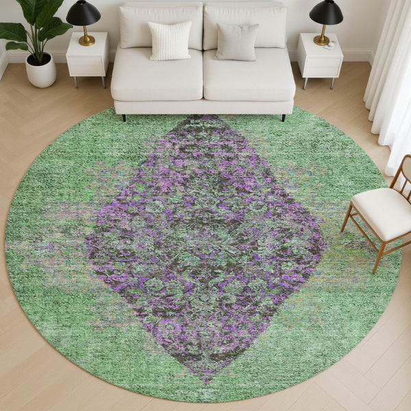 HomeRoots 8' X 10' Vibrant Lime Green & Purple Medallion Area Rug - Washable, UV Protected & Non-Slip Design 714845