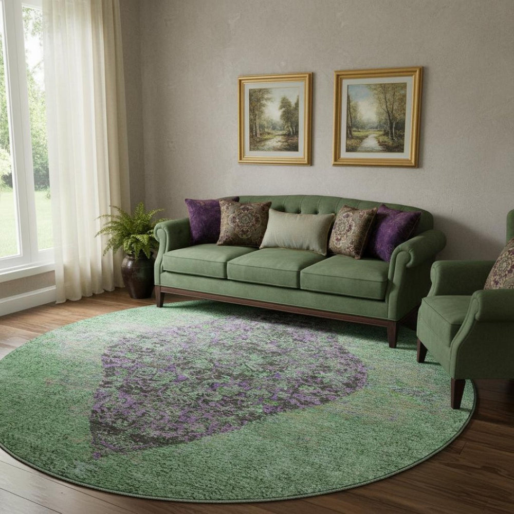 HomeRoots 8' X 10' Vibrant Lime Green & Purple Medallion Area Rug - Washable, UV Protected & Non-Slip Design 714845