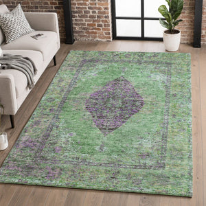 HomeRoots 9' X 12' Vibrant Lime Green & Purple Medallion Area Rug - Machine Washable with UV Protection! 714846