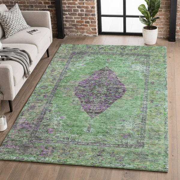 HomeRoots 9' X 12' Vibrant Lime Green & Purple Medallion Area Rug - Machine Washable with UV Protection! 714846