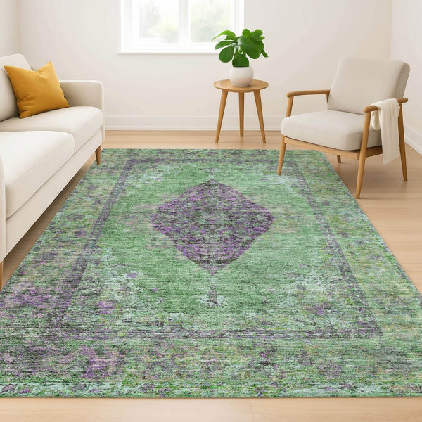 HomeRoots 9' X 12' Vibrant Lime Green & Purple Medallion Area Rug - Machine Washable with UV Protection! 714846