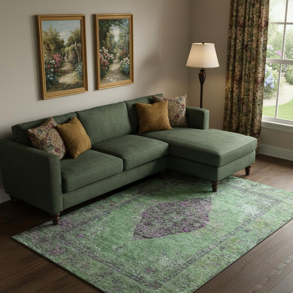 HomeRoots 9' X 12' Vibrant Lime Green & Purple Medallion Area Rug - Machine Washable with UV Protection! 714846