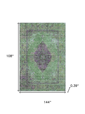 HomeRoots 10' Vibrant Lime Green & Purple Medallion Area Rug - Washable, UV Protected, Stain Resistant Design! 714847