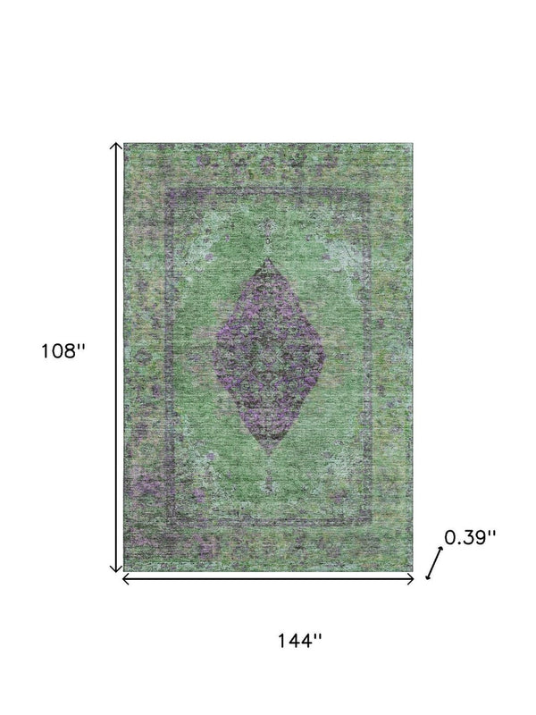 HomeRoots 10' Vibrant Lime Green & Purple Medallion Area Rug - Washable, UV Protected, Stain Resistant Design! 714847