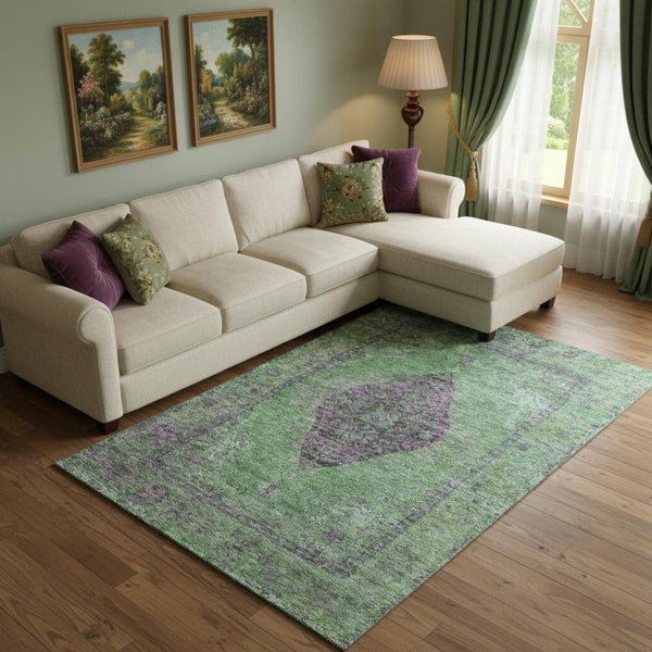 HomeRoots 10' Vibrant Lime Green & Purple Medallion Area Rug - Washable, UV Protected, Stain Resistant Design! 714847