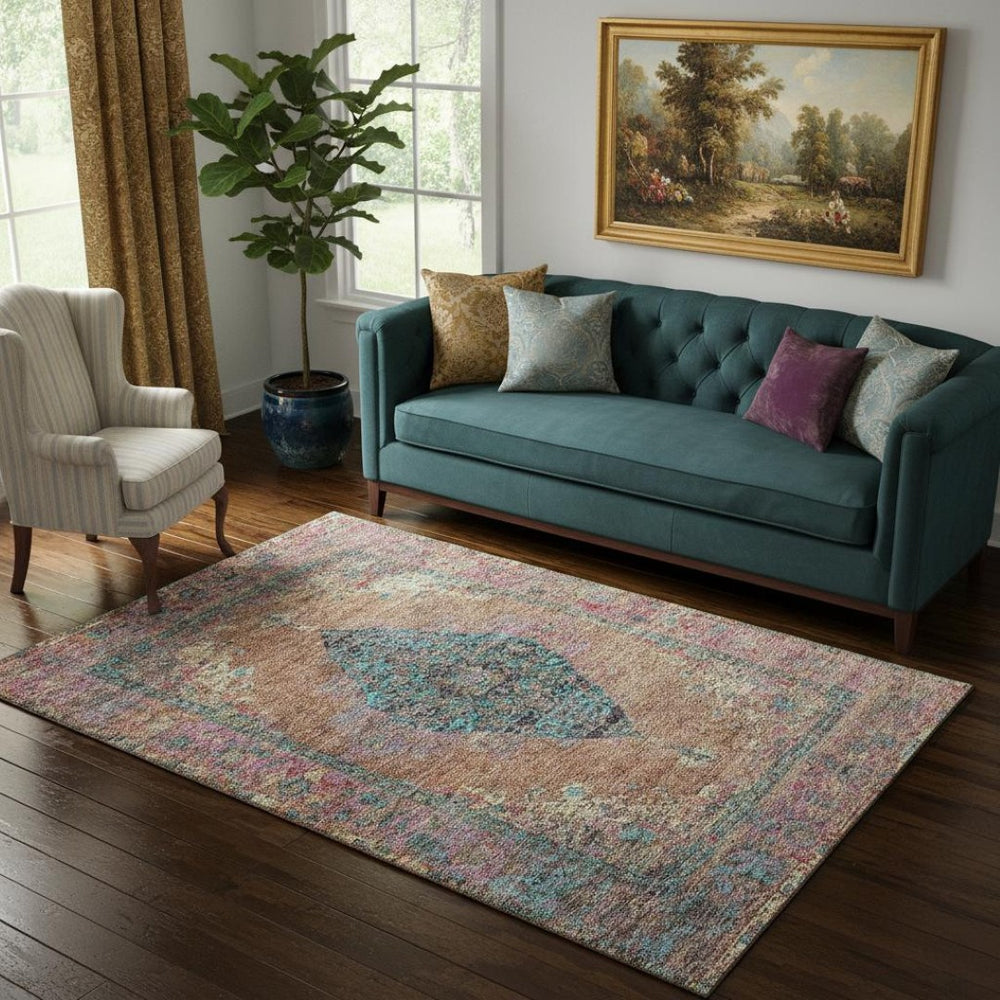 HomeRoots 8' Vibrant Orange and Pink Medallion Round Rug - Washable, UV Protected, Durable, Stylish Decor! 714850