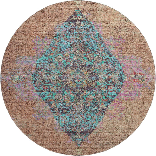 HomeRoots 8' X 10' Vibrant Orange and Pink Medallion Area Rug - Washable, UV Protected, Stain Resistant, Non-Slip 714851