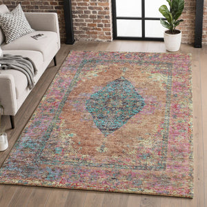 HomeRoots 9' X 12' Vibrant Orange and Pink Medallion Area Rug - Washable, UV Protected, and Stain Resistant! 714852