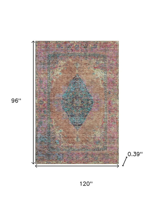 HomeRoots 9' X 12' Vibrant Orange and Pink Medallion Area Rug - Washable, UV Protected, and Stain Resistant! 714852