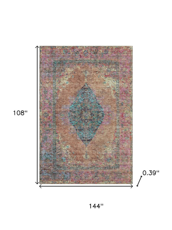 HomeRoots 10' Vibrant Orange and Pink Medallion Area Rug – Washable, UV Protected, Ideal for High-Traffic Spaces 714853