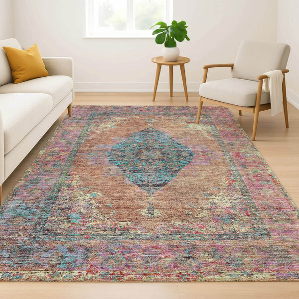 HomeRoots 10' Vibrant Orange and Pink Medallion Area Rug – Washable, UV Protected, Ideal for High-Traffic Spaces 714853