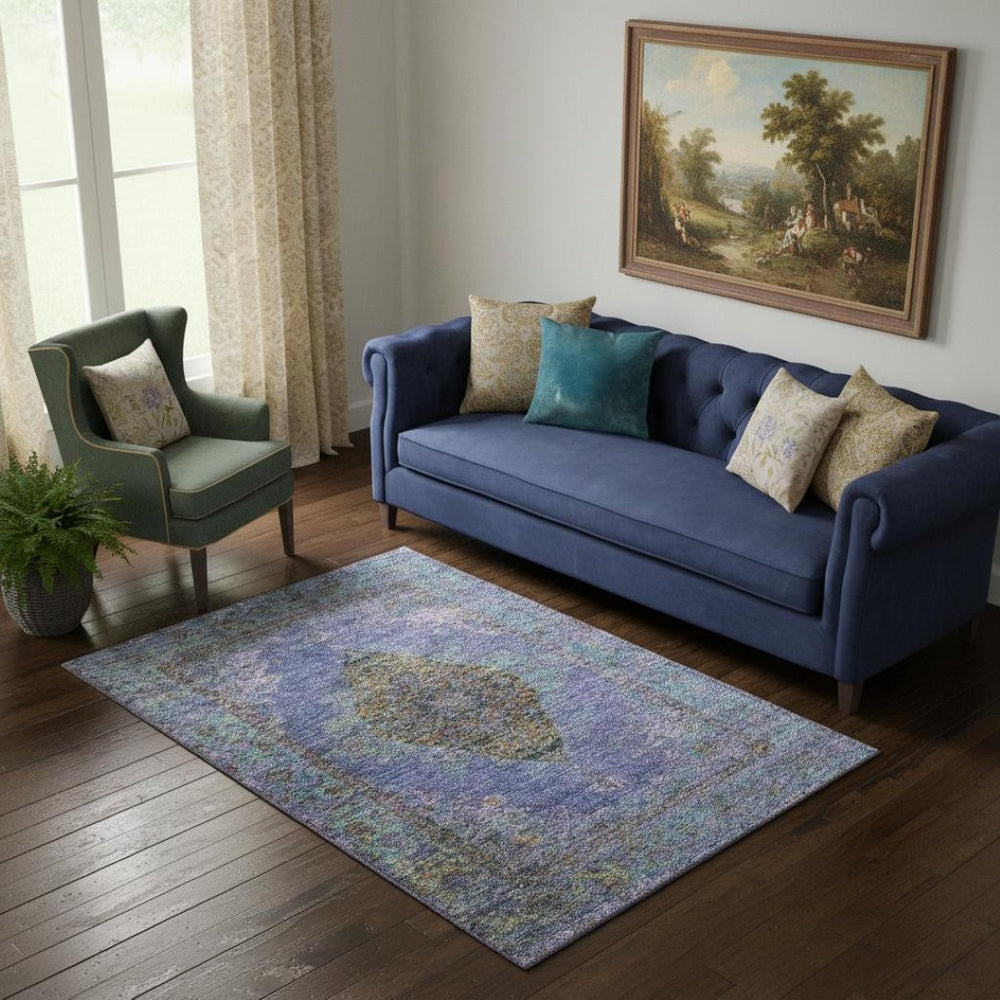 HomeRoots 8' Vibrant Purple and Teal Medallion Washable Round Rug - Durable, Stain Resistant with UV Protection 714856