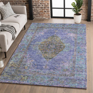 HomeRoots 9' X 12' Vibrant Purple and Teal Medallion Area Rug - Washable, UV Protected, Family-Friendly Design 714858