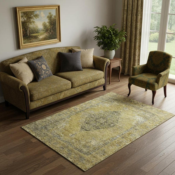 HomeRoots 8' Washable Round Rug with Wheat and Gray Medallion Design, UV Protection & Stain Resistance for Homes 714862