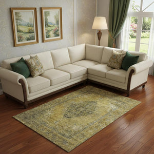 HomeRoots 10' X 14' Wheat and Gray Medallion Area Rug - Washable, UV-Protected, Stain-Resistant for Homes 714865