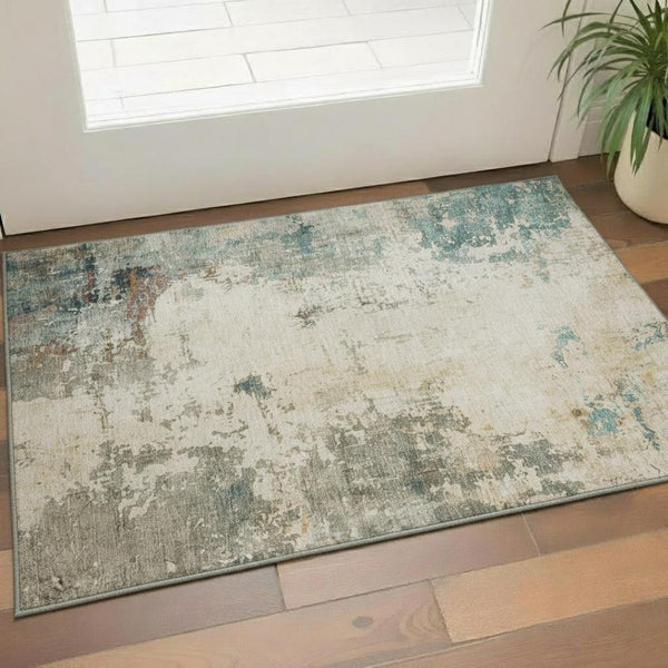 HomeRoots 5' X 8' Contemporary Ivory and Teal Abstract Area Rug - UV Protected, Machine Washable & Durable Design 714867