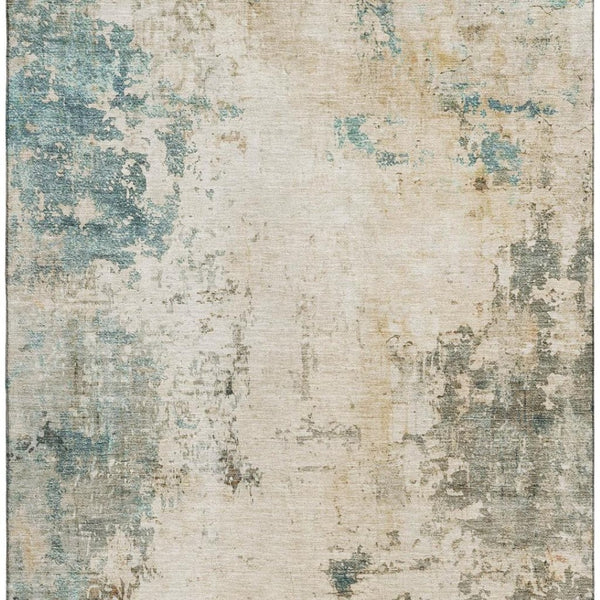 HomeRoots 8' Ivory and Teal Abstract Washable Round Rug - Stylish, Durable, Stain-Resistant, UV Protected Design 714868