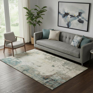 HomeRoots 8' Ivory and Teal Abstract Washable Round Rug - Stylish, Durable, Stain-Resistant, UV Protected Design 714868