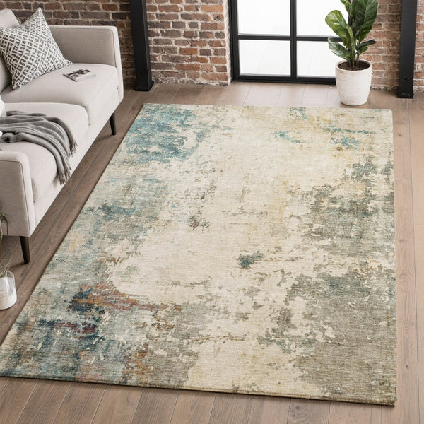 HomeRoots 8' Ivory and Teal Abstract Washable Round Rug - Stylish, Durable, Stain-Resistant, UV Protected Design 714868