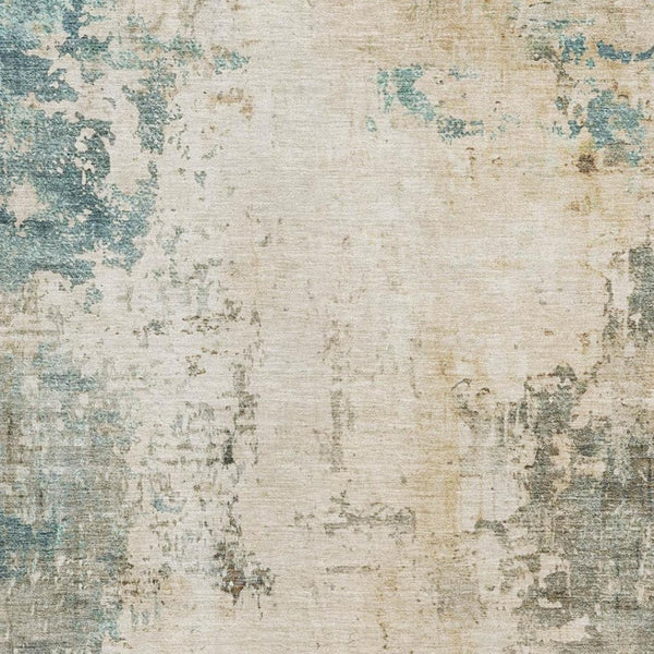HomeRoots 8' Ivory and Teal Abstract Washable Round Rug - Stylish, Durable, Stain-Resistant, UV Protected Design 714868