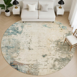 HomeRoots 8' X 10' Ivory and Teal Abstract Area Rug - Washable, UV Protected, Stylish & Family-Friendly Design 714869