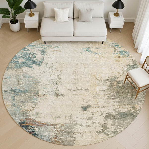 HomeRoots 8' X 10' Ivory and Teal Abstract Area Rug - Washable, UV Protected, Stylish & Family-Friendly Design 714869