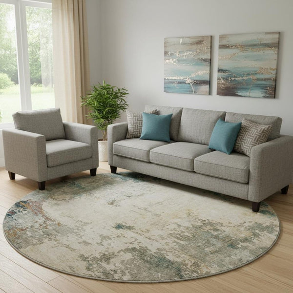 HomeRoots 8' X 10' Ivory and Teal Abstract Area Rug - Washable, UV Protected, Stylish & Family-Friendly Design 714869