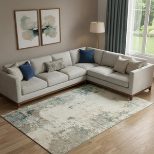 HomeRoots 9' X 12' Ivory and Teal Abstract Area Rug – Washable, UV Protected, Durable for Family Spaces 714870